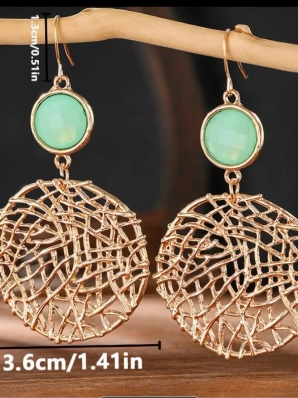 Gold Filigree Mesh Drop Earrings with Mint Green Cabochon